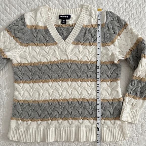Lands' End Drifter Striped Cable Knit Sweater V-Neck 100% Cotton Medium Petite - Picture 6 of 9